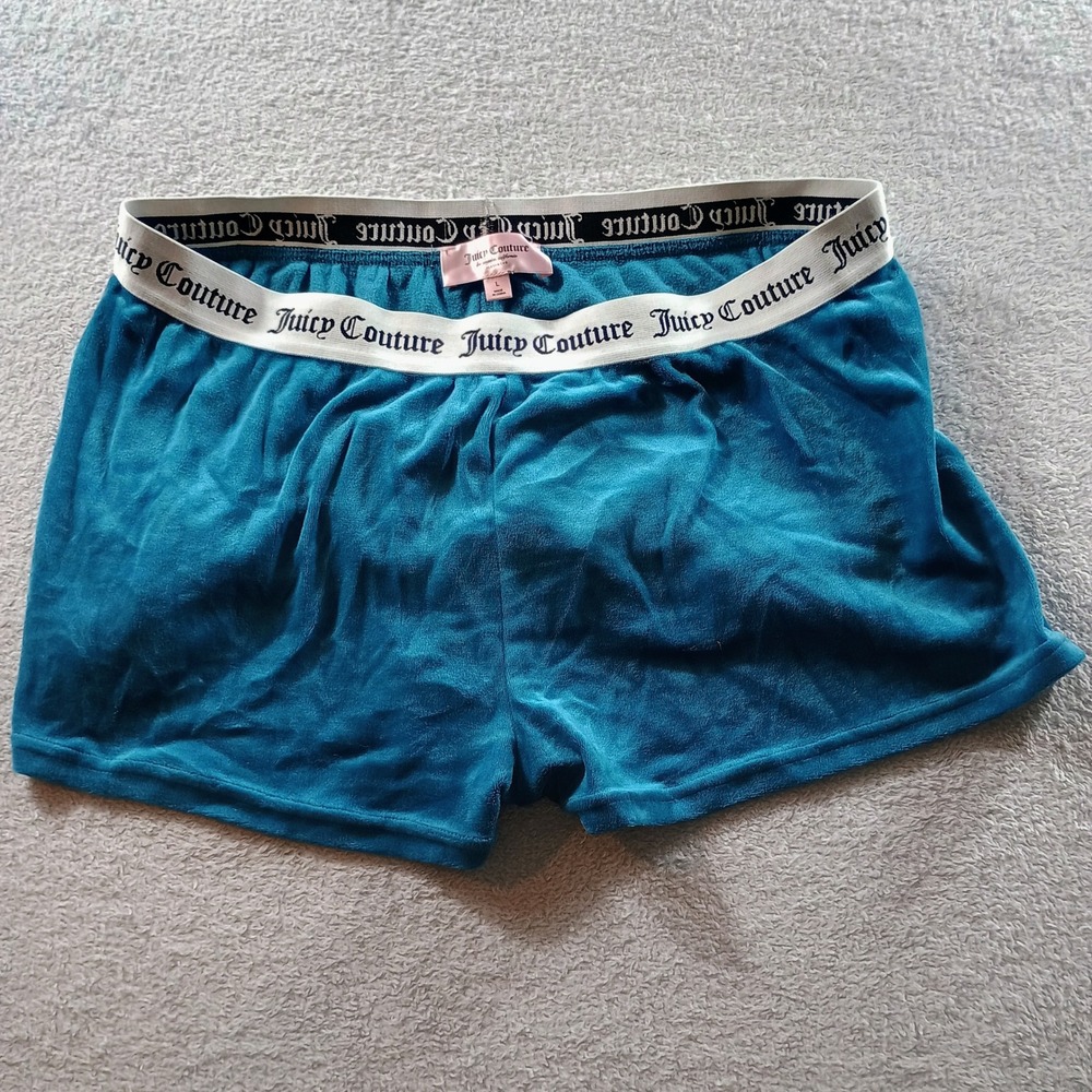 Juicy Couture Womens Velour Sleep Shorts Teal Large Rhinestone Logo